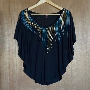 Free People Black/Gray Gold & Blue Metallic Stud Batwing Festival Concert Top XS